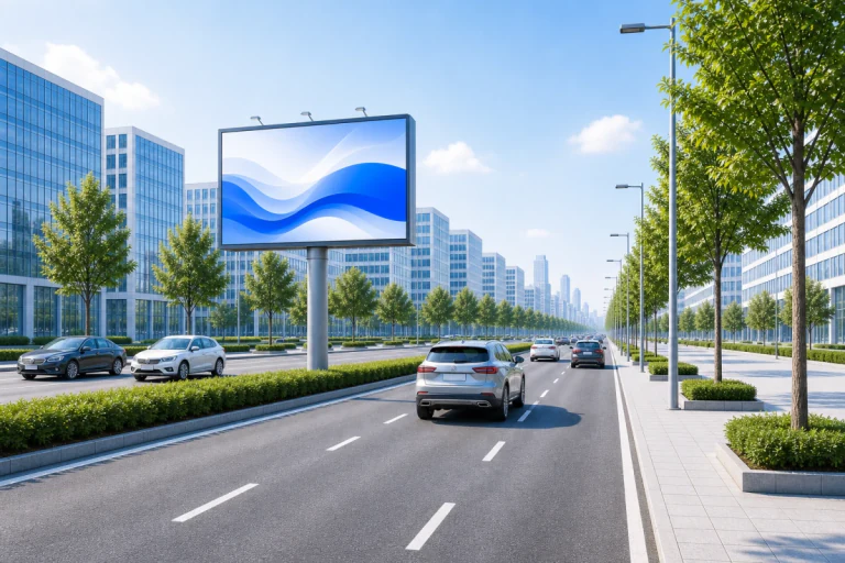 Крупный digital-билборд наружной рекламы на современной городской улице.